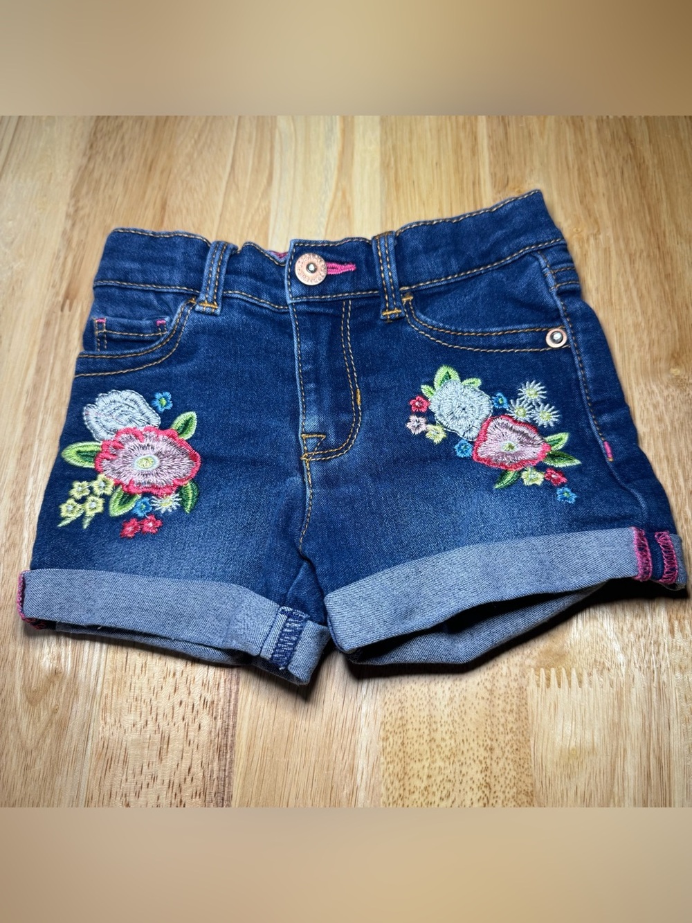 Jordache Girls 2T Denim Shorts Floral Embroidery Adjustable Waist Stretch Summer
